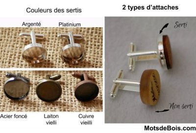 Boutons de manchette avec ou sans sertis en 5 couleurs de métal