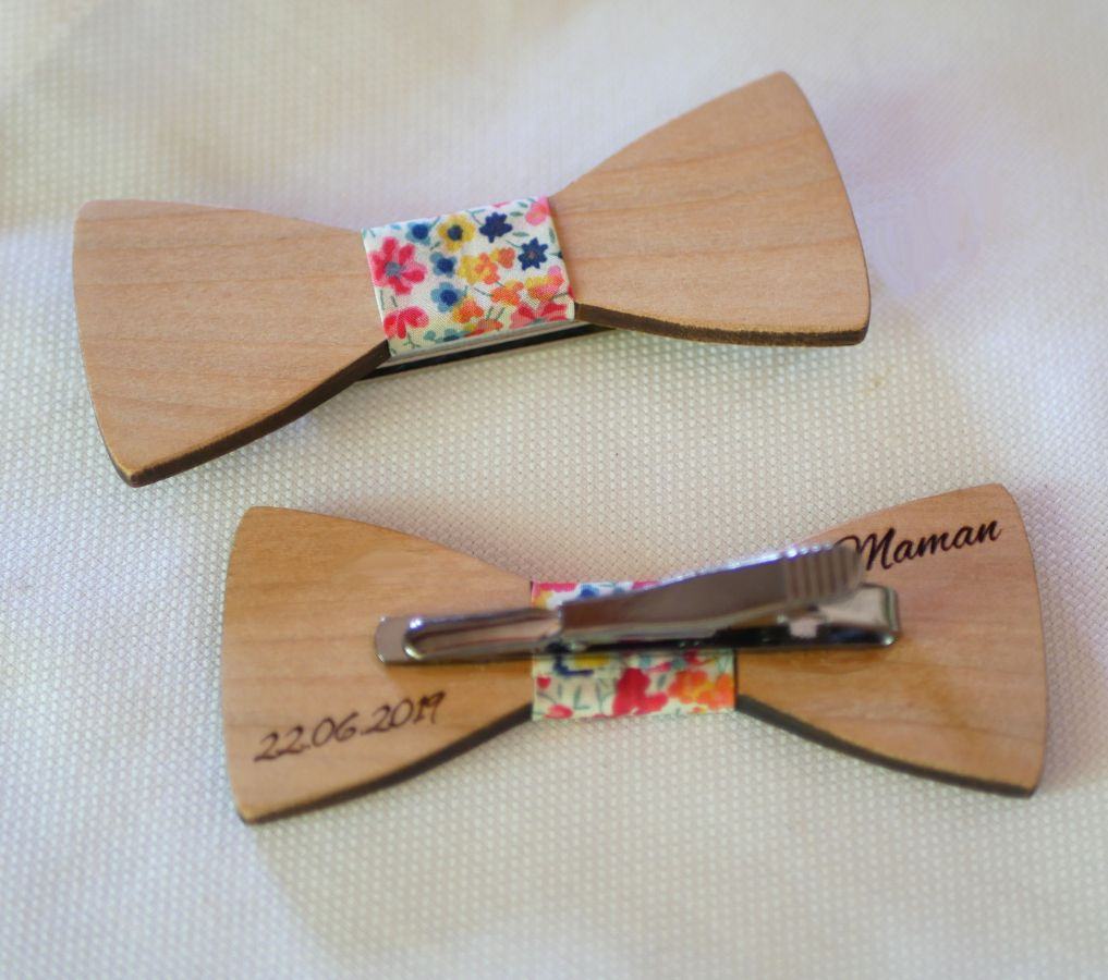 Barrette en bois Noeud pap avec ruban Liberty et bois personnalisable