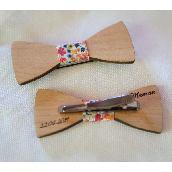 Barrette en bois Noeud pap avec ruban Liberty et bois personnalisable