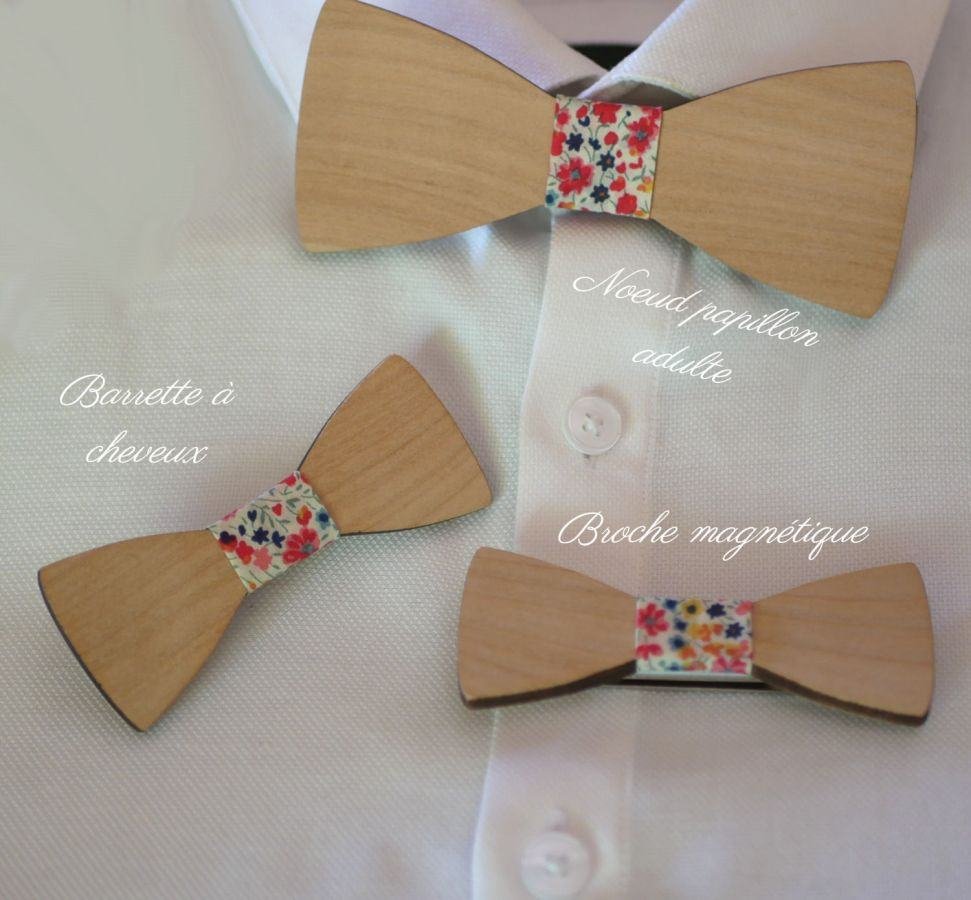 Barrette en bois Noeud pap avec ruban Liberty et bois personnalisable