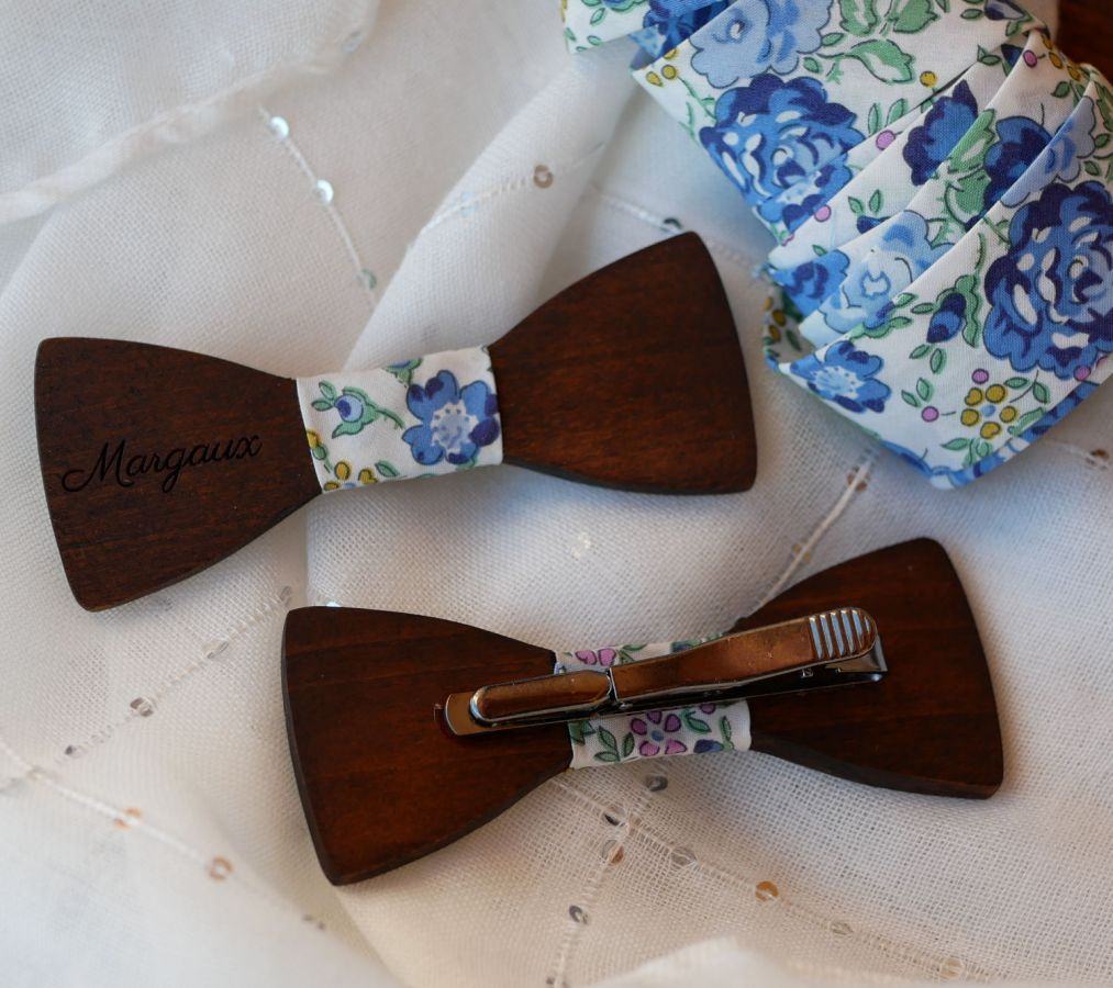 Barrette en bois Noeud pap avec ruban Liberty et bois personnalisable