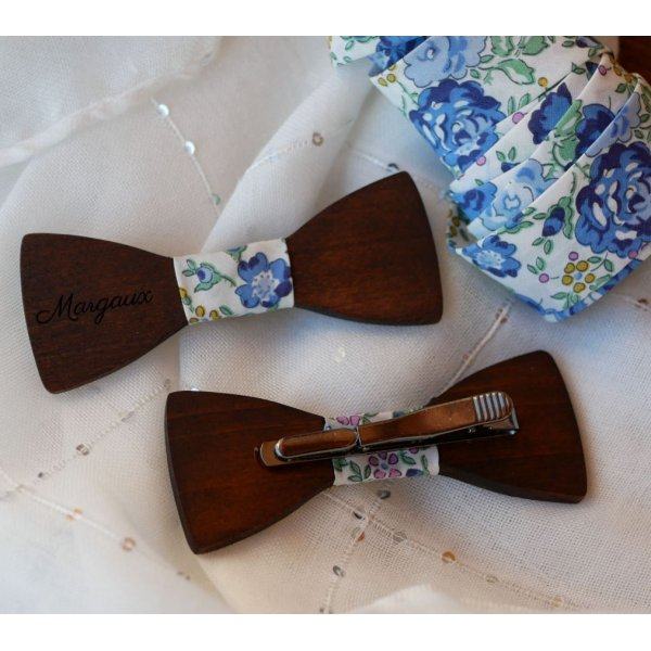 Barrette en bois Noeud pap avec ruban Liberty et bois personnalisable