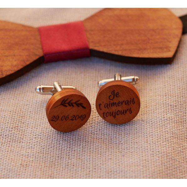 Boutons manchette en bois Merisier ronds à graver 18mm