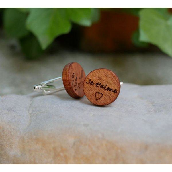 Boutons manchette en bois Merisier ronds à graver 18mm