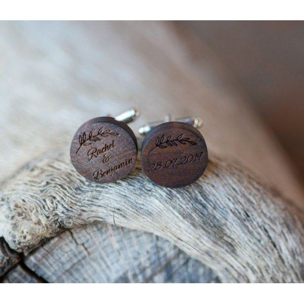 Boutons manchette en bois Noyer ronds à graver de 18mm