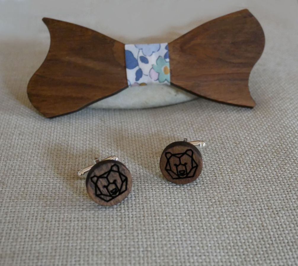 Boutons manchette en bois Noyer ronds à graver de 18mm