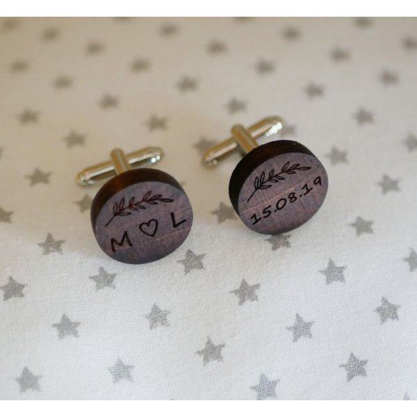Boutons manchette en bois Noyer ronds à graver de 18mm