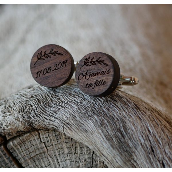 Boutons manchette en bois rond à personnaliser 18mm