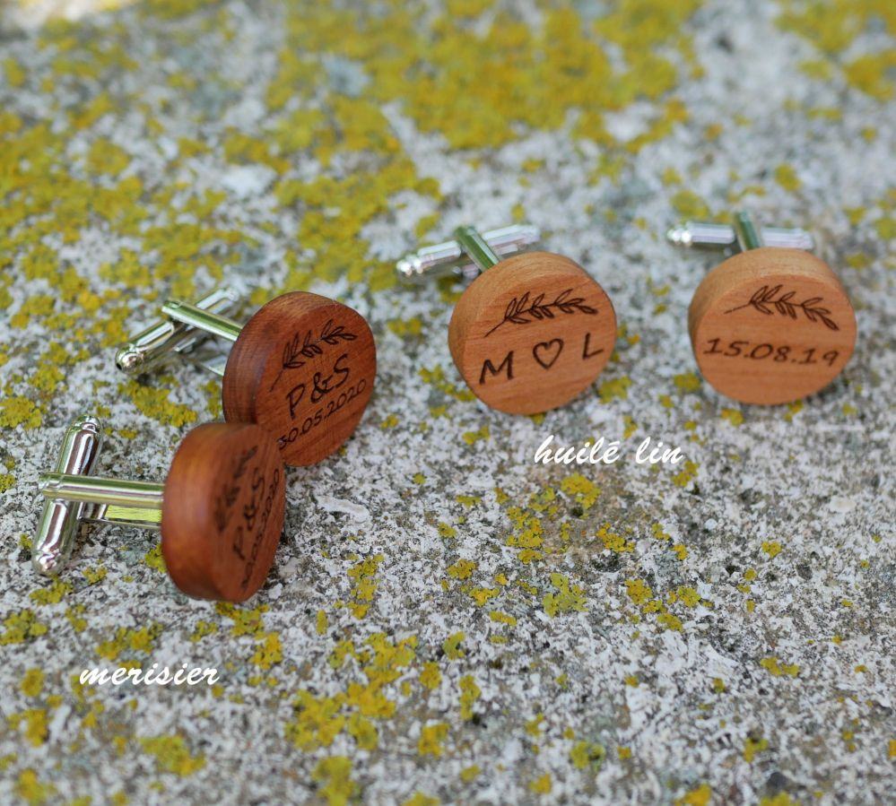 Boutons manchette en bois rond à personnaliser 18mm