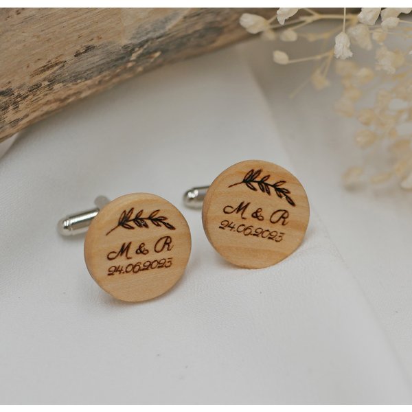Boutons manchette en bois rond &agrave; personnaliser 18mm