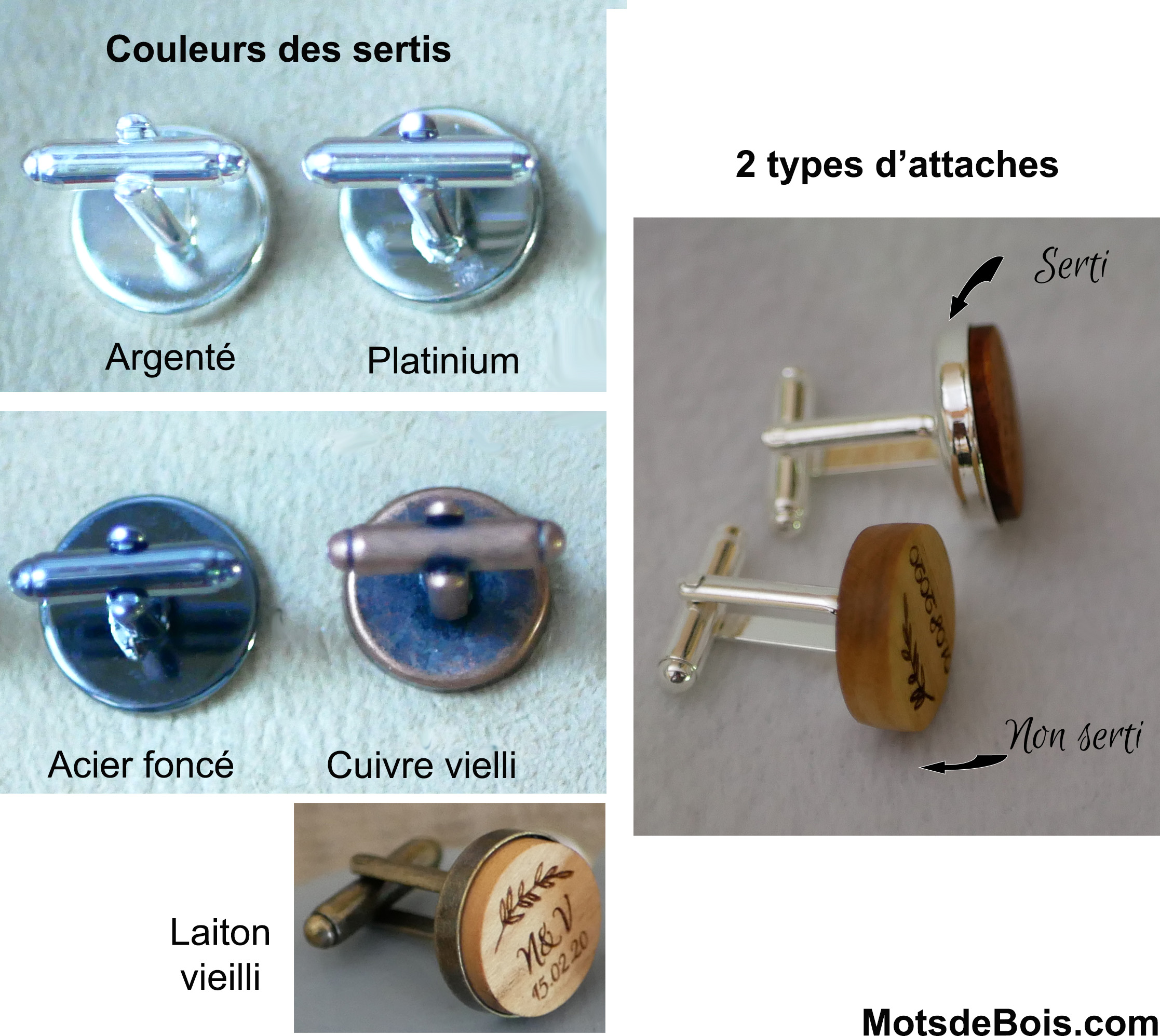 Boutons de manchette bois serti cuivre vieilli 16 mm personnalisable