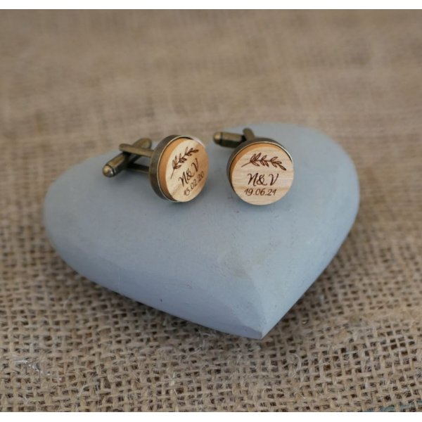 Boutons de manchette bois serti bronze vieilli 16 mm personnalisable