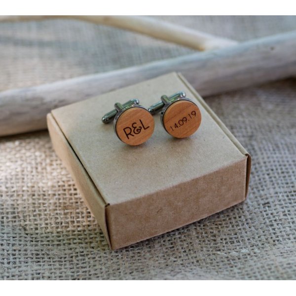 Boutons de manchette bois serti acier foncé 16mm personnalisable