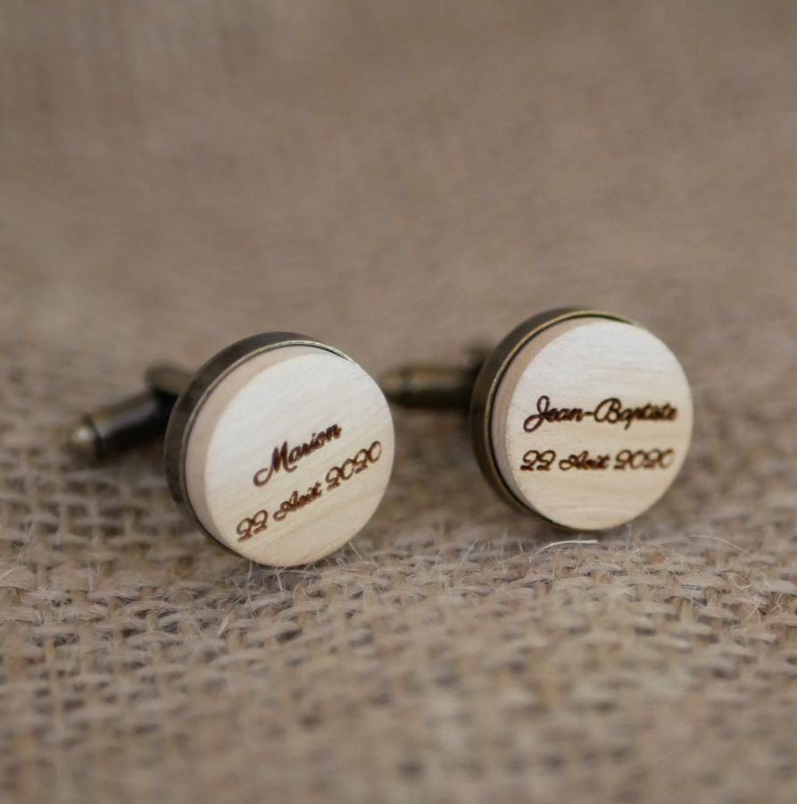 Boutons de manchette bois serti bronze vieilli 16 mm personnalisable