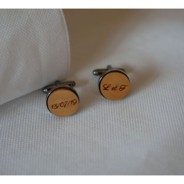 Boutons de manchette bois serti acier foncé 16mm personnalisable