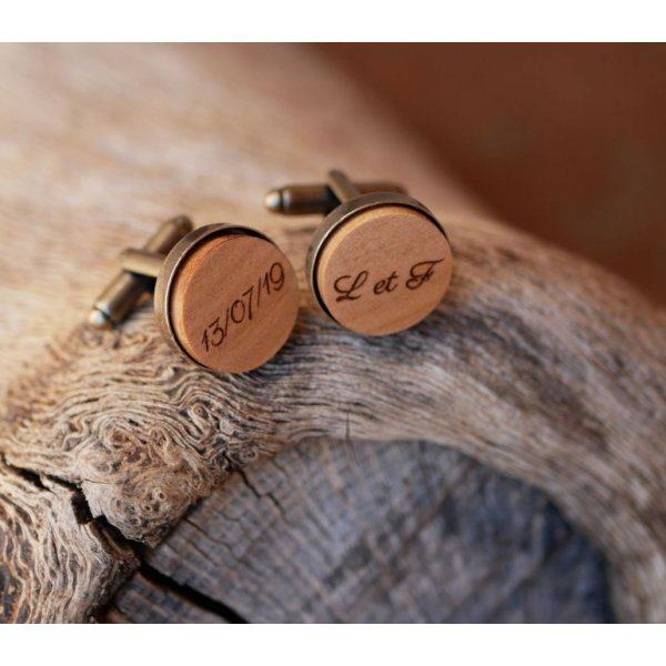 Boutons de manchette bois serti bronze vieilli 16 mm personnalisable