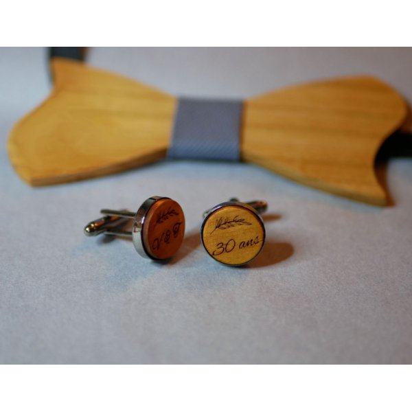 Boutons de manchette bois serti bronze vieilli 16 mm personnalisable