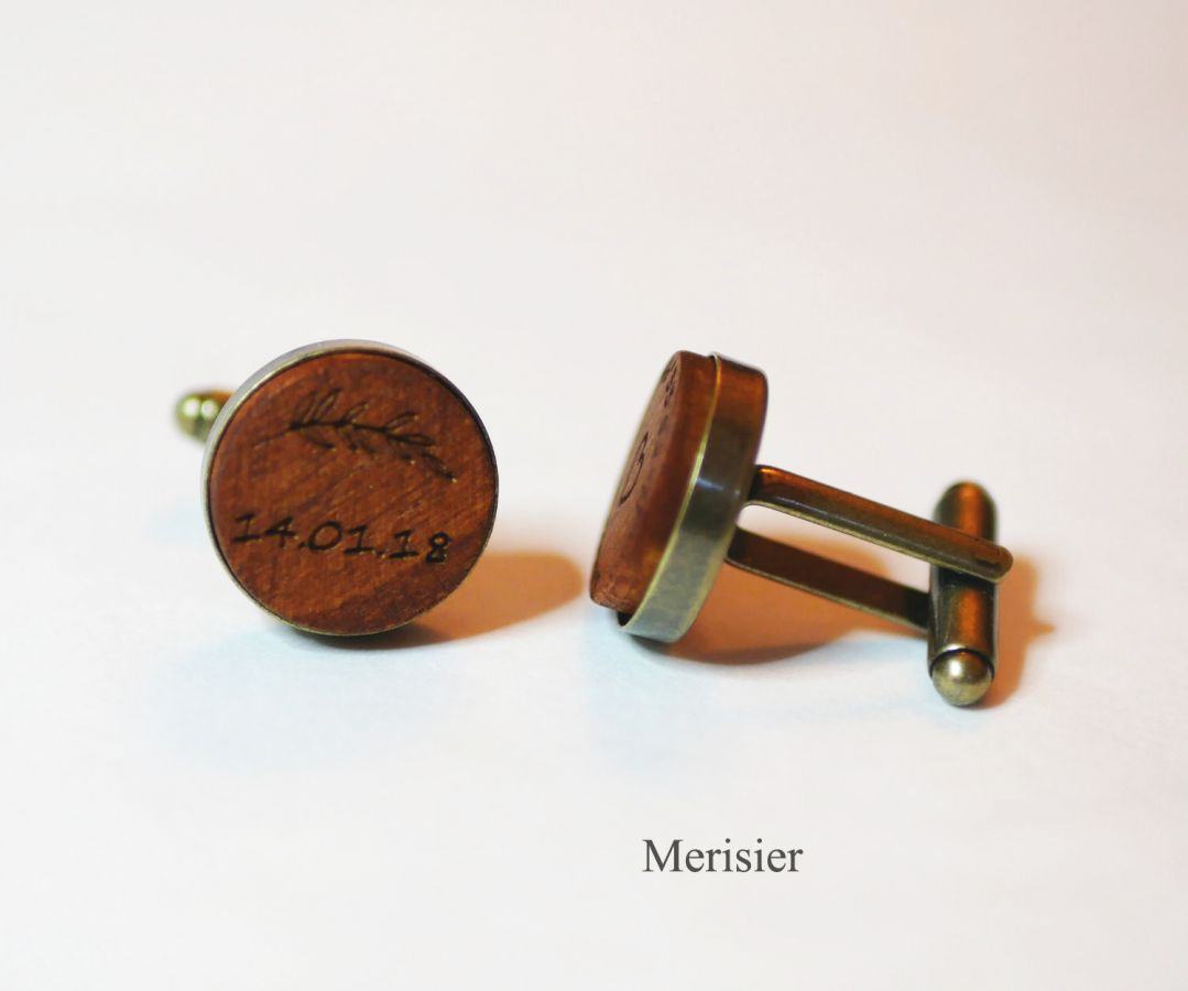 Boutons de manchette bois serti bronze vieilli 16 mm personnalisable