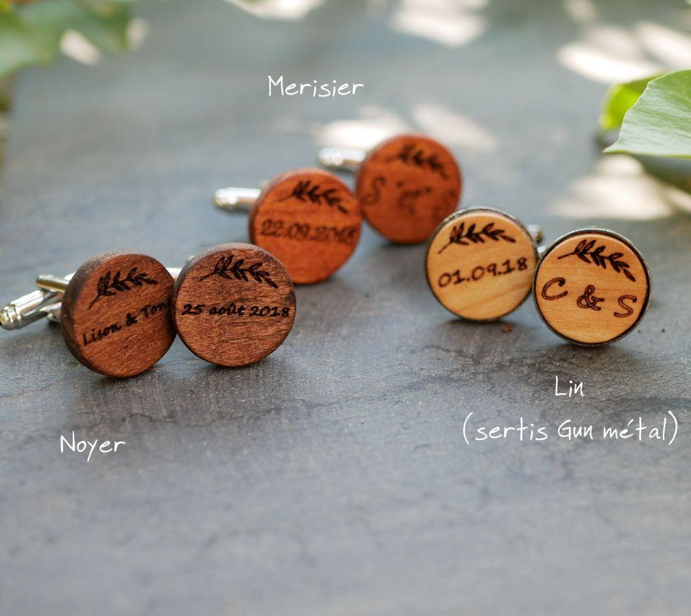 Boutons de manchette bois serti bronze vieilli 16 mm personnalisable