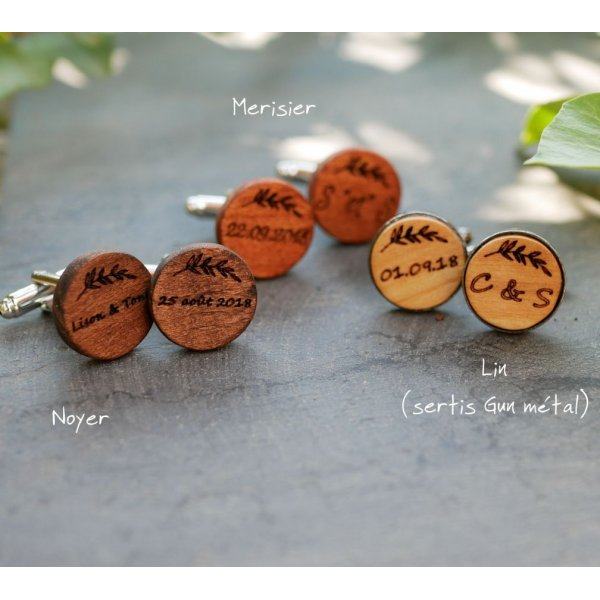 Boutons de manchette bois serti bronze vieilli 16 mm personnalisable