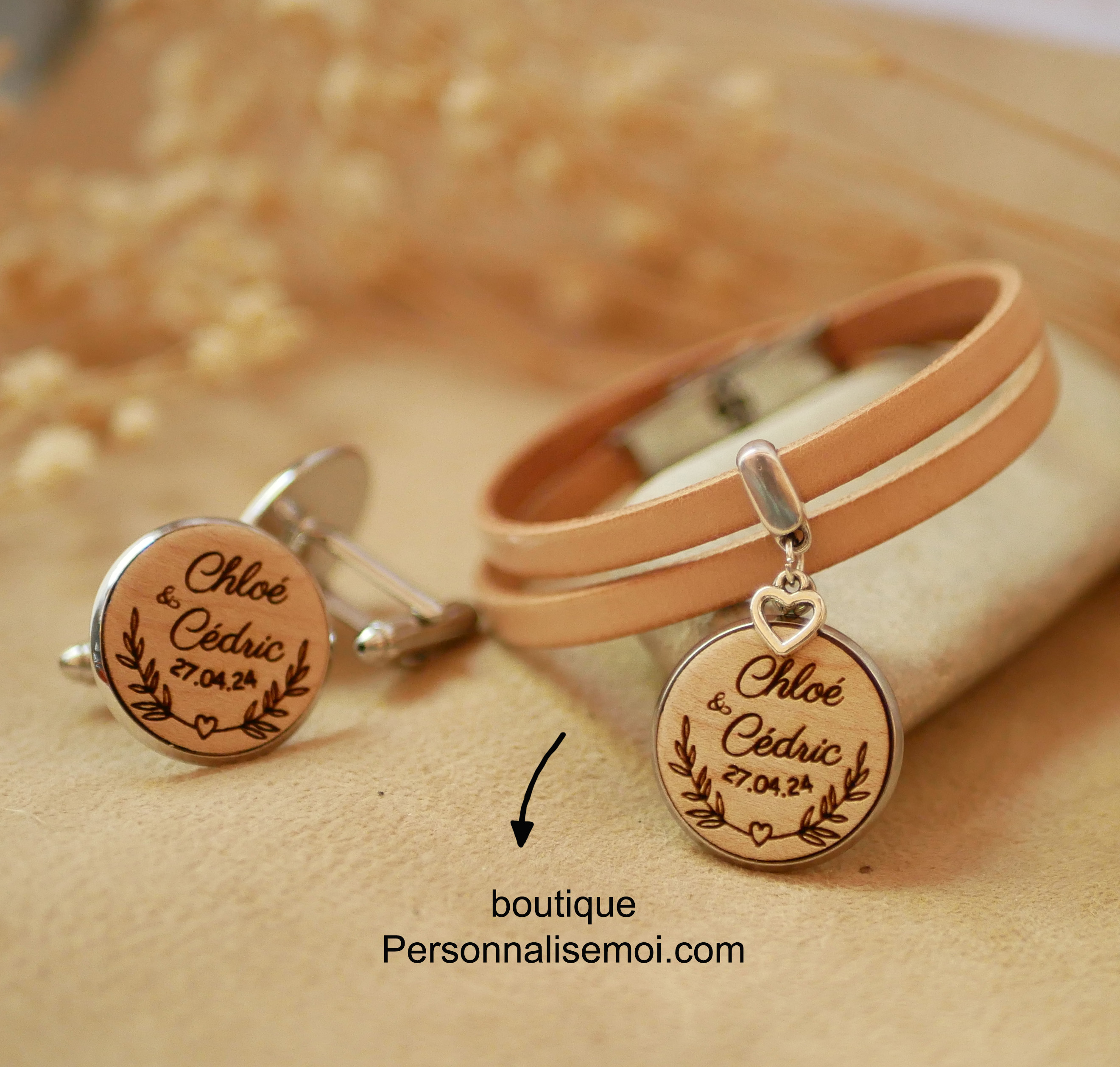 Boutons de manchette cabochon en bois fin 20mm personnalisable