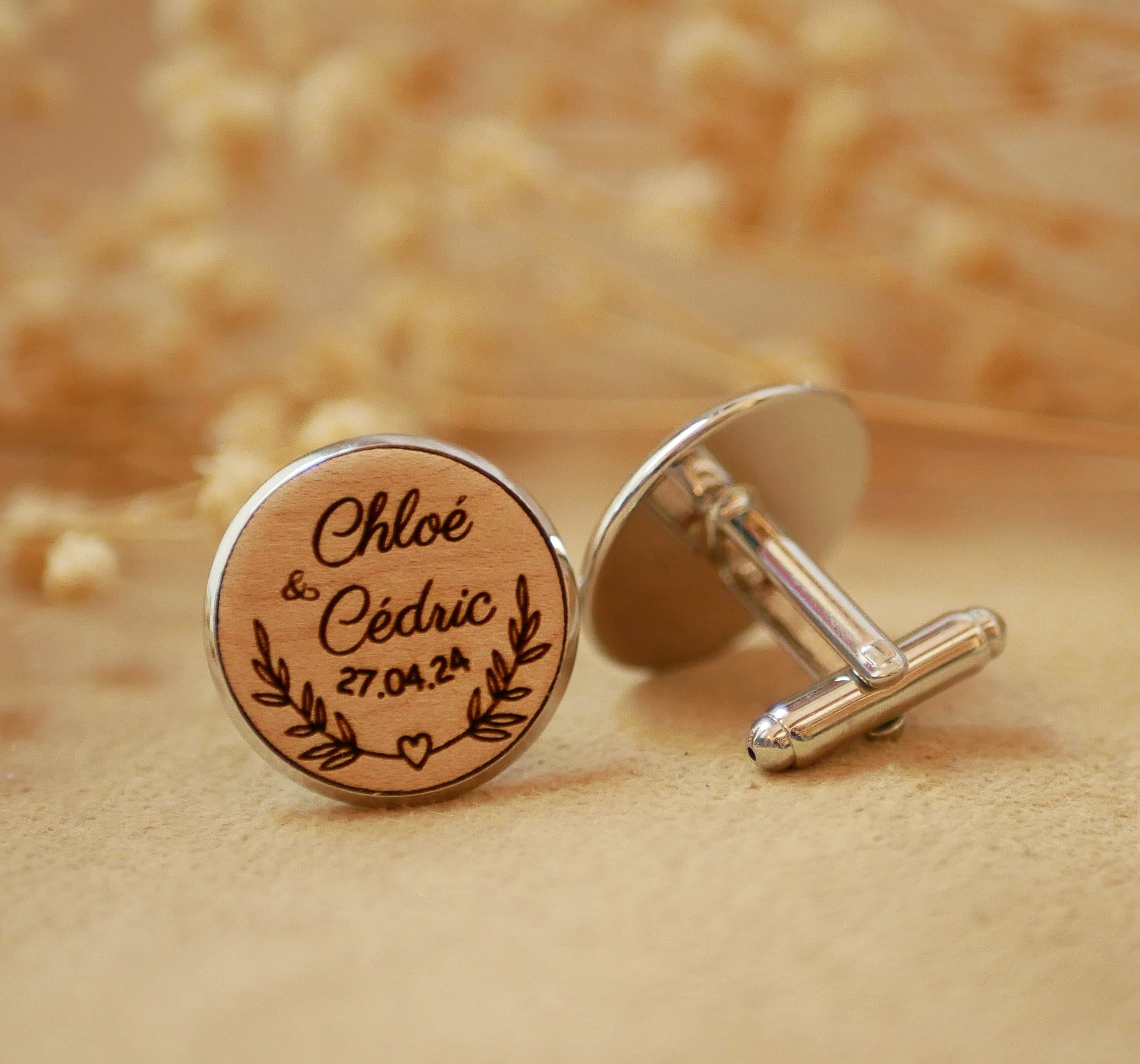 Boutons de manchette cabochon en bois fin 20mm personnalisable