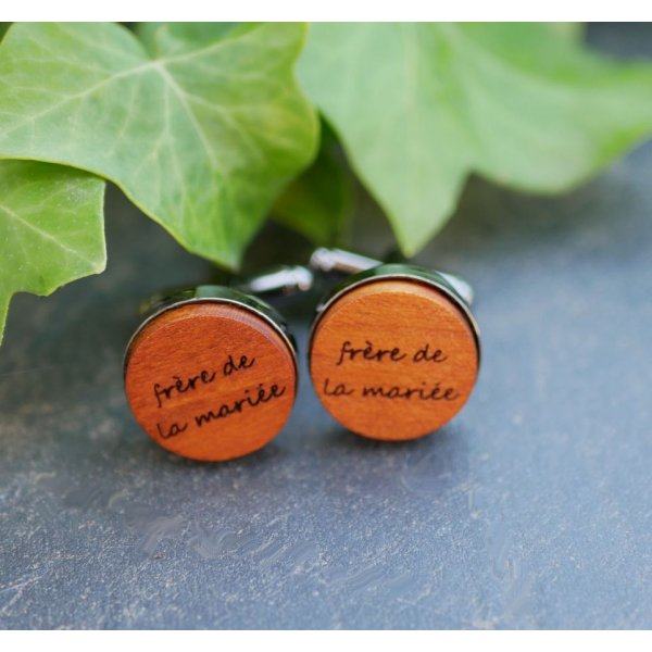 Boutons de manchette bois serti acier foncé 16mm personnalisable