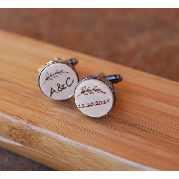 Boutons de manchette bois serti acier foncé 16mm personnalisable