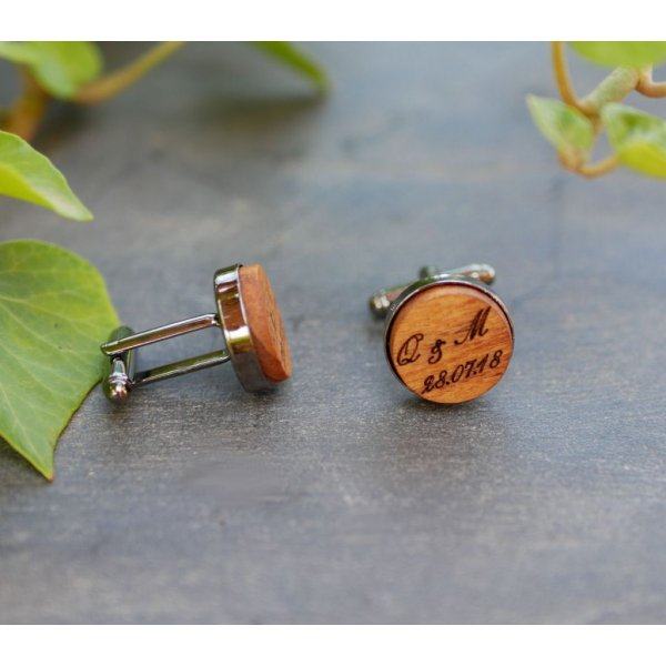 Boutons de manchette bois serti acier foncé 16mm personnalisable