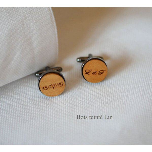 Boutons de manchette bois serti acier foncé 16mm personnalisable
