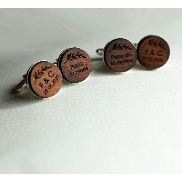 Boutons de manchette sertis argentés platinium 16 mm en bois gravé 
