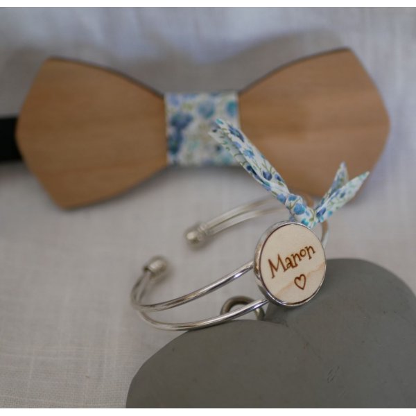 Bracelet jonc au cabochon bois à personnaliser et métal argenté