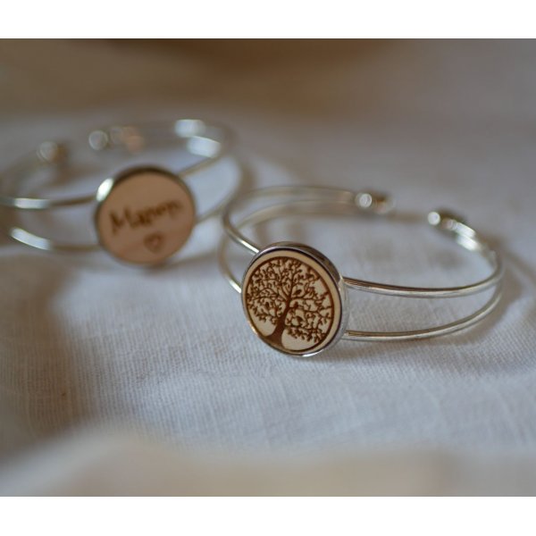 Bracelet jonc au cabochon bois à personnaliser et métal argenté