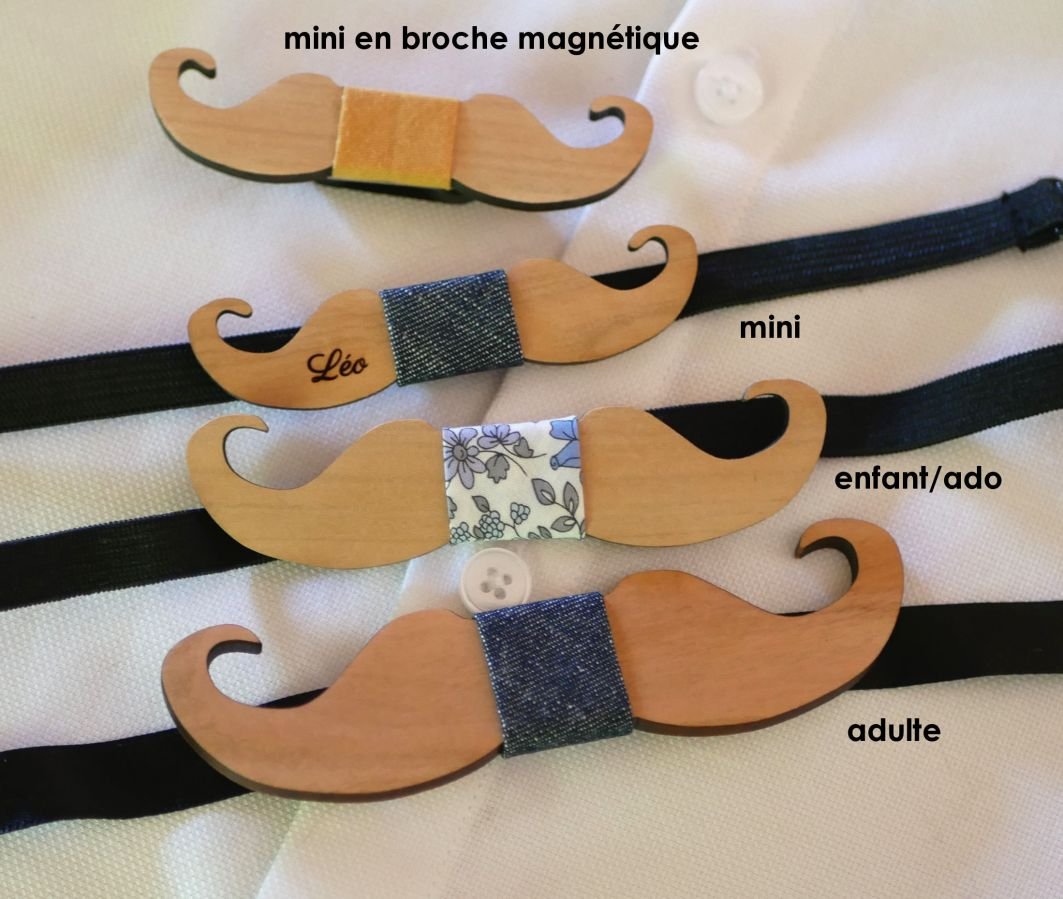 Broche mini noeud pap moustache en bois à personnaliser