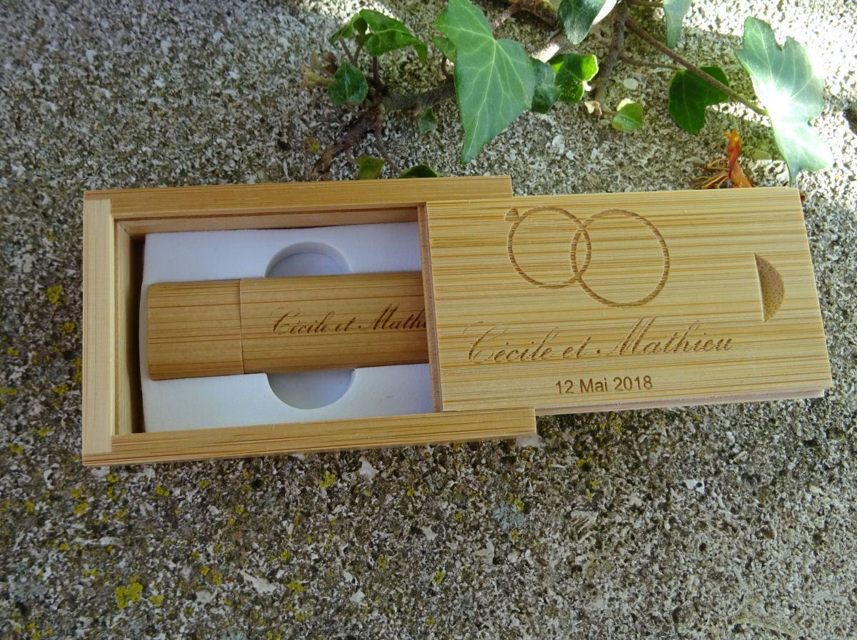 Clé Usb 16 Go dans coffret bois bambou à personnaliser par gravure pour un mariage