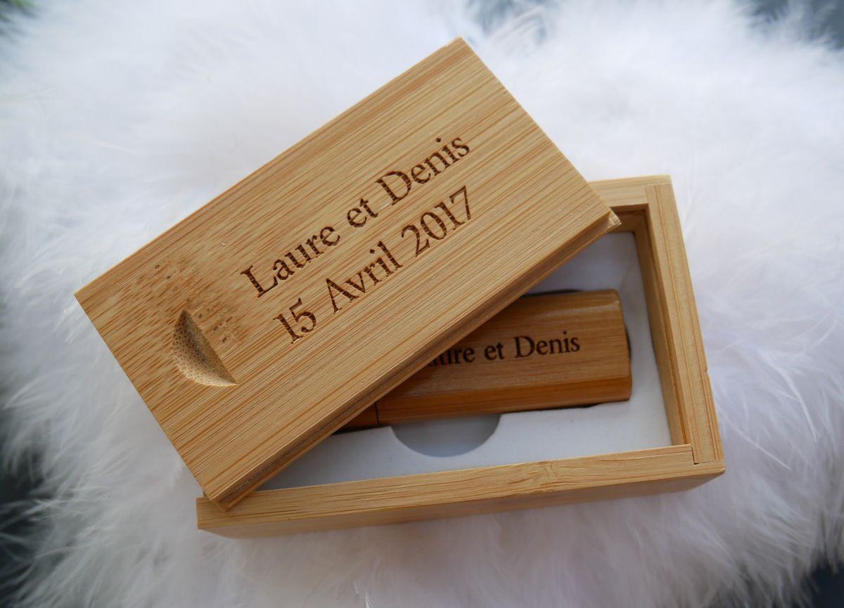 Clé Usb 16 Go dans coffret bois bambou à personnaliser par gravure pour un mariage