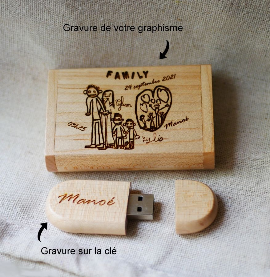 Clé Usb 32 Go 2.0 dans coffret personnalisé bois clair d'érable