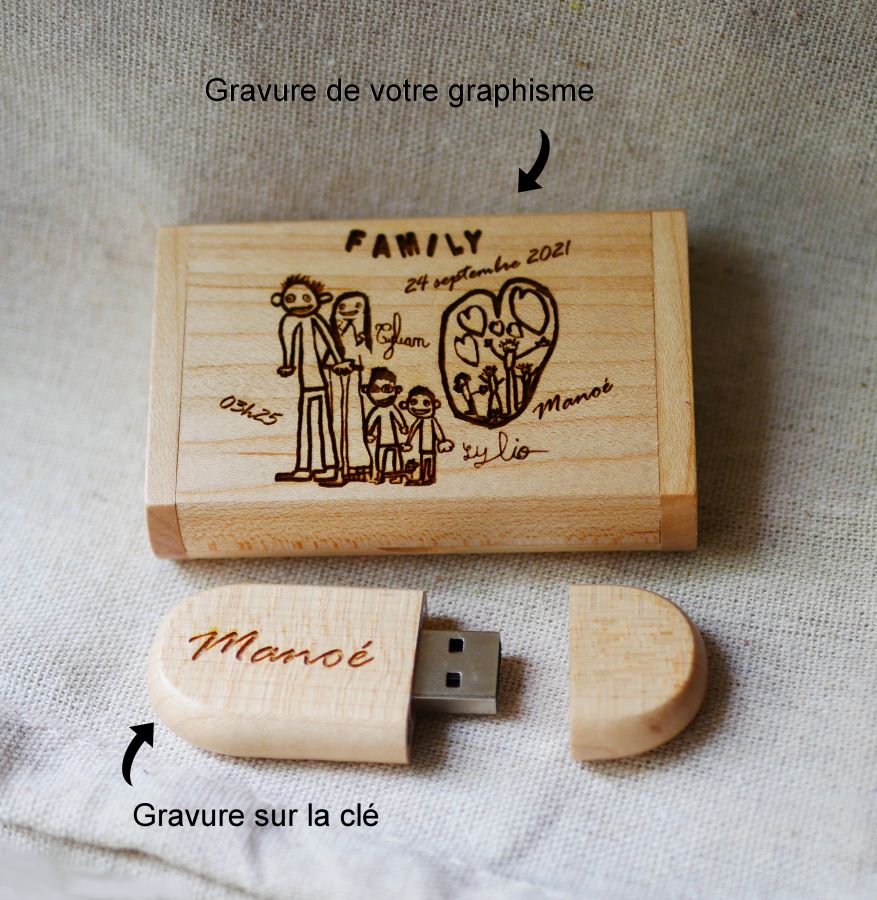 Clé Usb 64 Go 3.0 dans coffret personnalisé bois clair d'érable