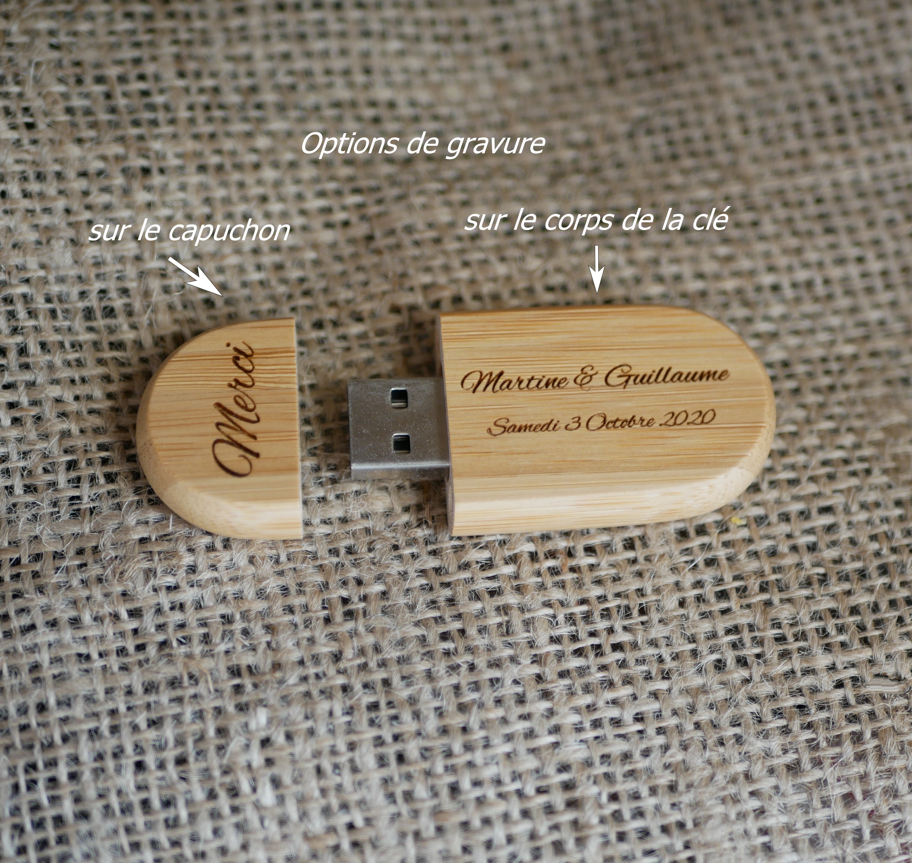 Cl&eacute; USB ovale &agrave; personnaliser par gravure, bois au choix
