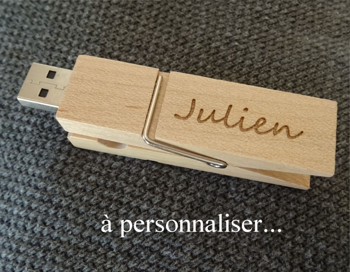 Clé USB pince en bois brut gravée à personnaliser