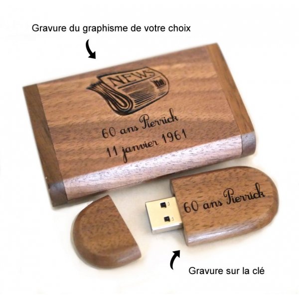 Coffret et Clé Usb 3.0 bois noyer 32 Go personnalisable