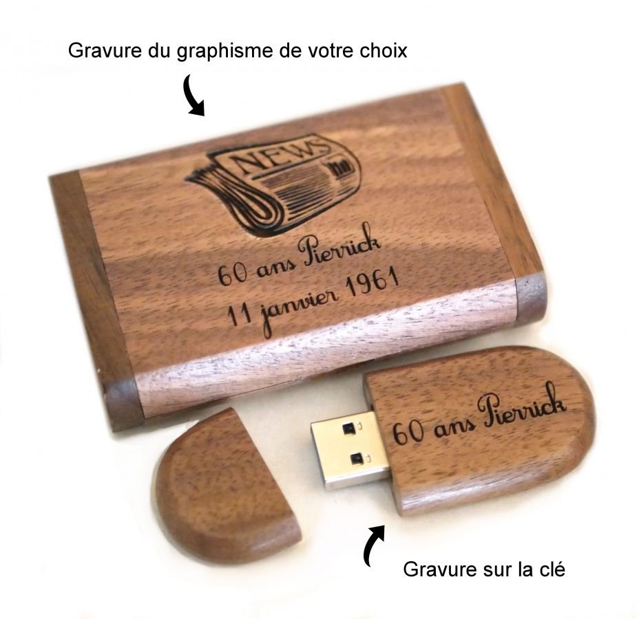 Coffret et Clé Usb 3.0 bois noyer 32 Go personnalisable