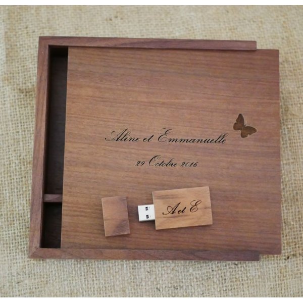 Coffret photo et Clé Usb 3.0 bois noyer 32 Go personnalisable