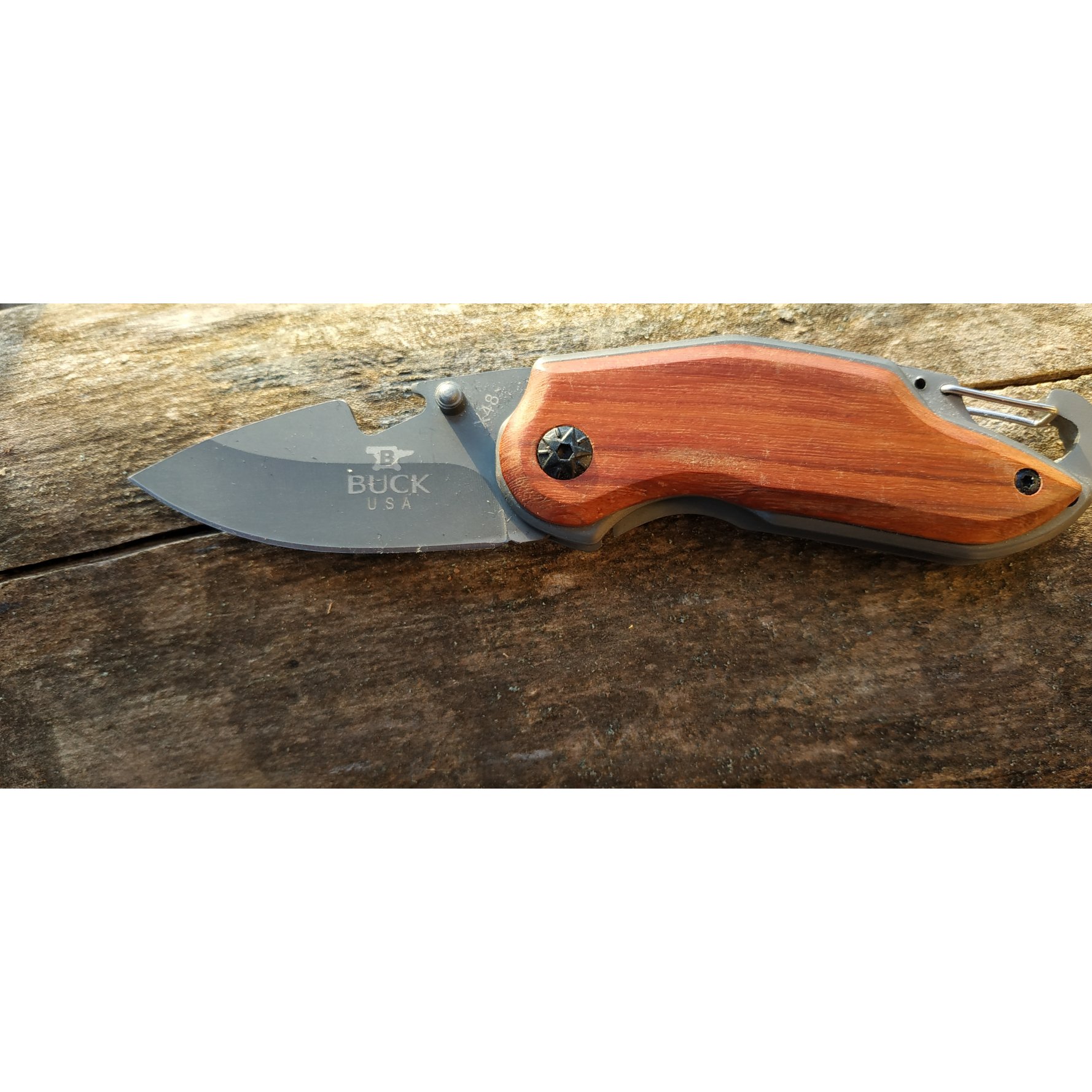 Couteau de poche pliable, manche en bois avec gravure