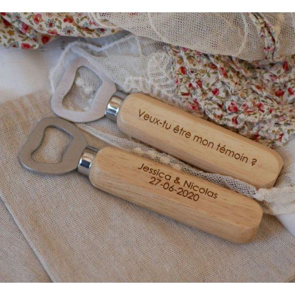 Décapsuleur bois gravé à personnaliser, cadeau mariage 
