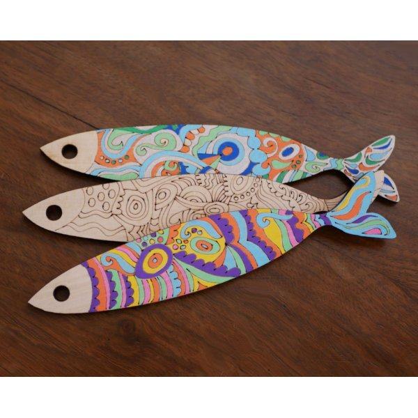D&eacute;co murale Sardines en bois grav&eacute;e &agrave; peindre 