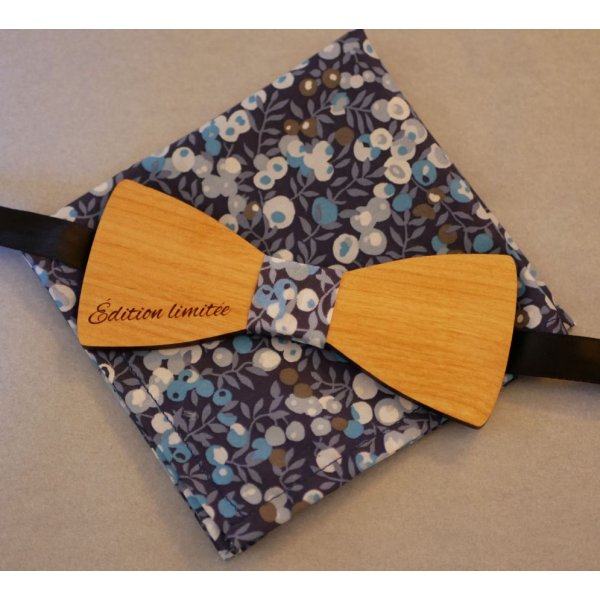 Ensemble Noeud papillon en bois Pochette Liberty L13  tons Bleus