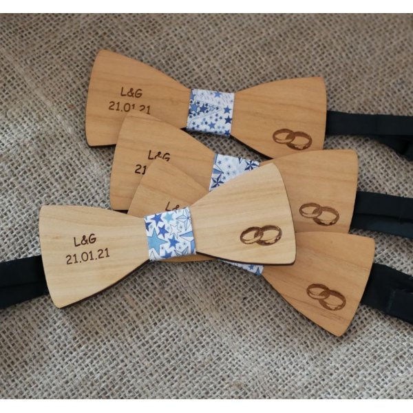 Noeud papillon en bois pour mariage gravé d'alliances fabriqué en France
