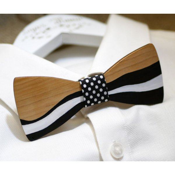 Noeud papillon en bois peint façon ruban noir et blanc