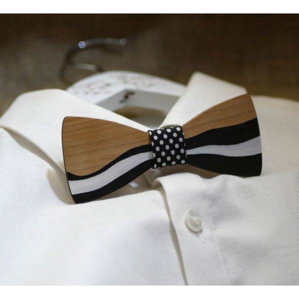 Noeud papillon en bois peint façon ruban noir et blanc